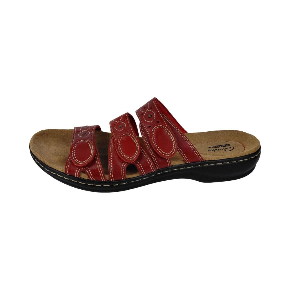 Clarks Red Leather Wedge Sandals Slip On Strappy Cutout Womens Size 9N - Picture 5 of 9
